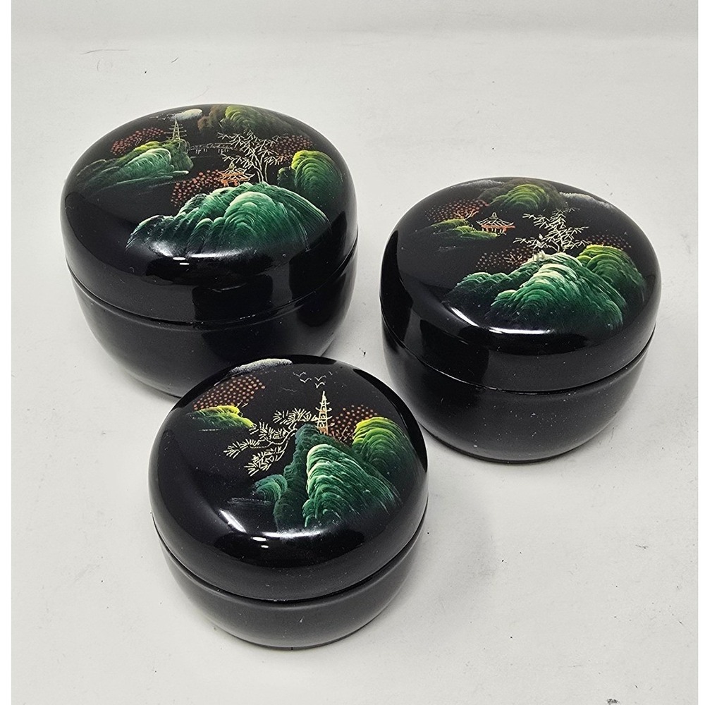 Vtg Japanese hand painted lacquer nesting‎ trinket box set of 3 whimsigoth MCM